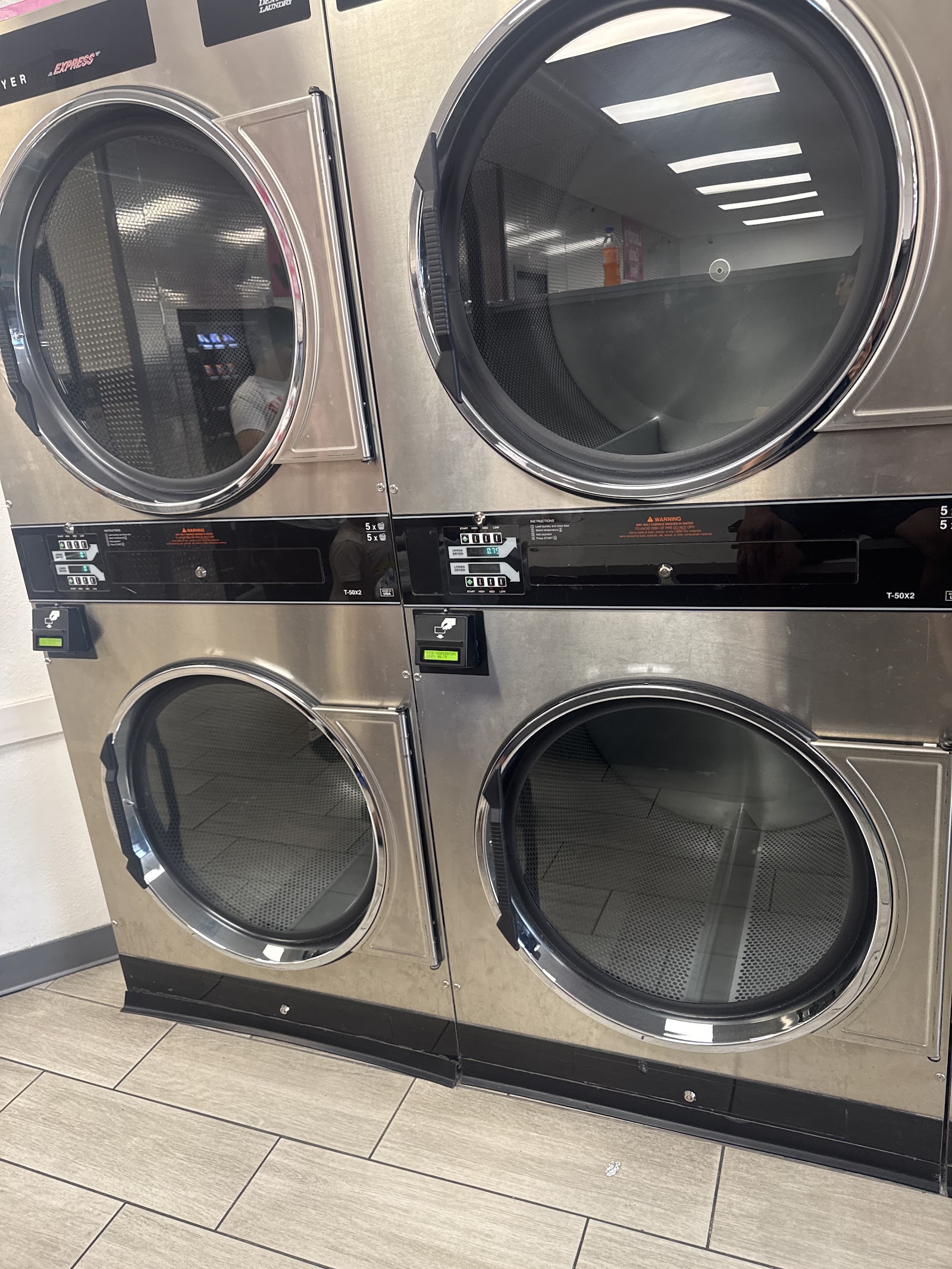 Stacked Dexter T-50X2 commercial dryers