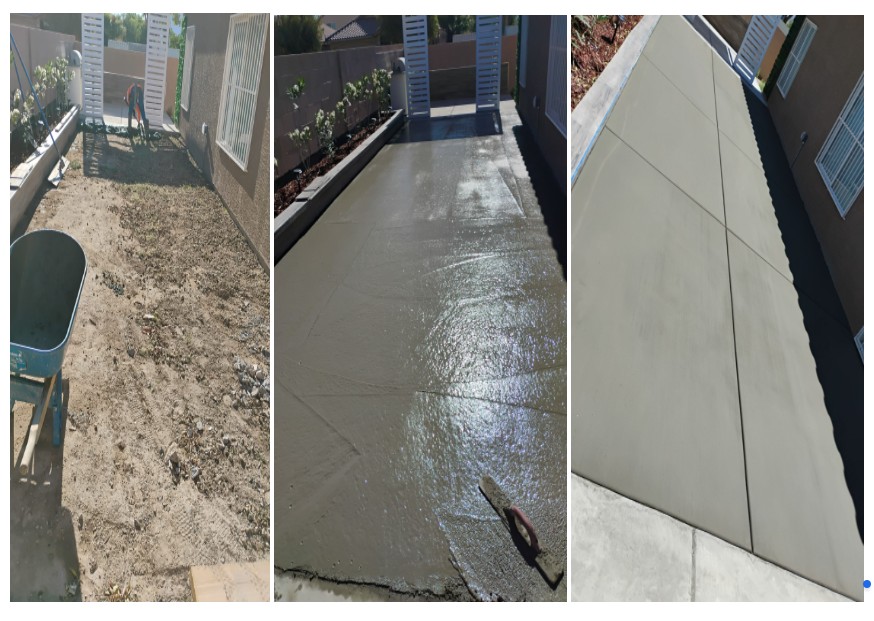 Before, during, and after concrete walkway pour alongside a house
