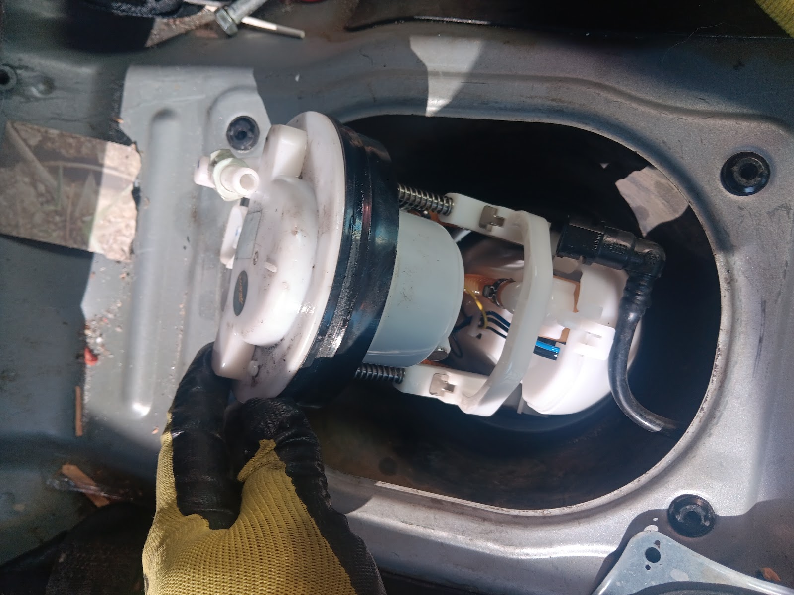 Gloved hand removing fuel pump assembly from fuel tank