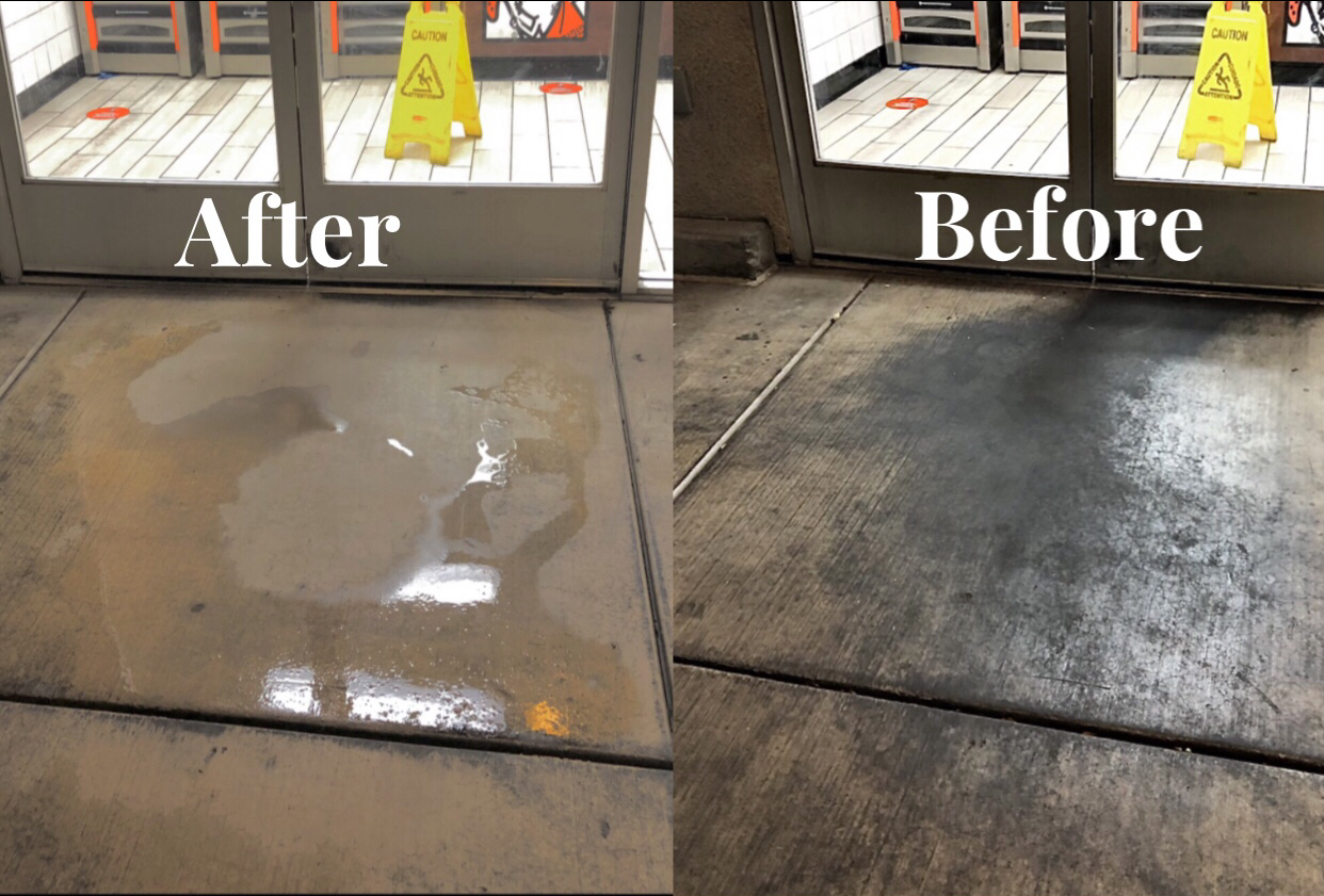 Before and after comparison of a cleaned entryway concrete floor