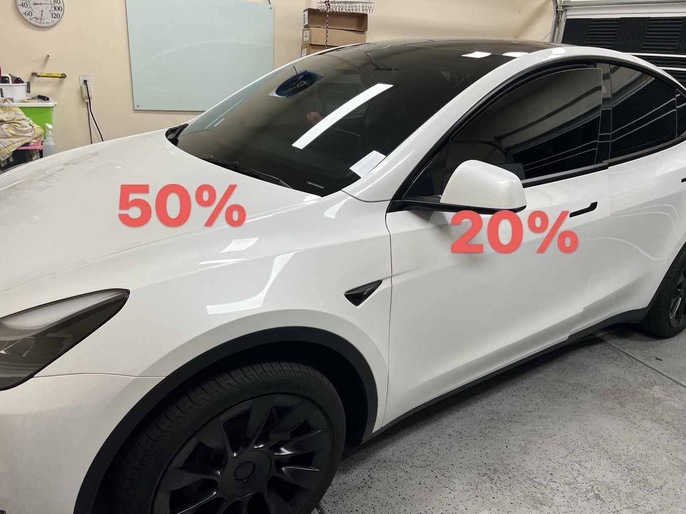 White Tesla Model Y with tint percentage labels for windshield and side windows