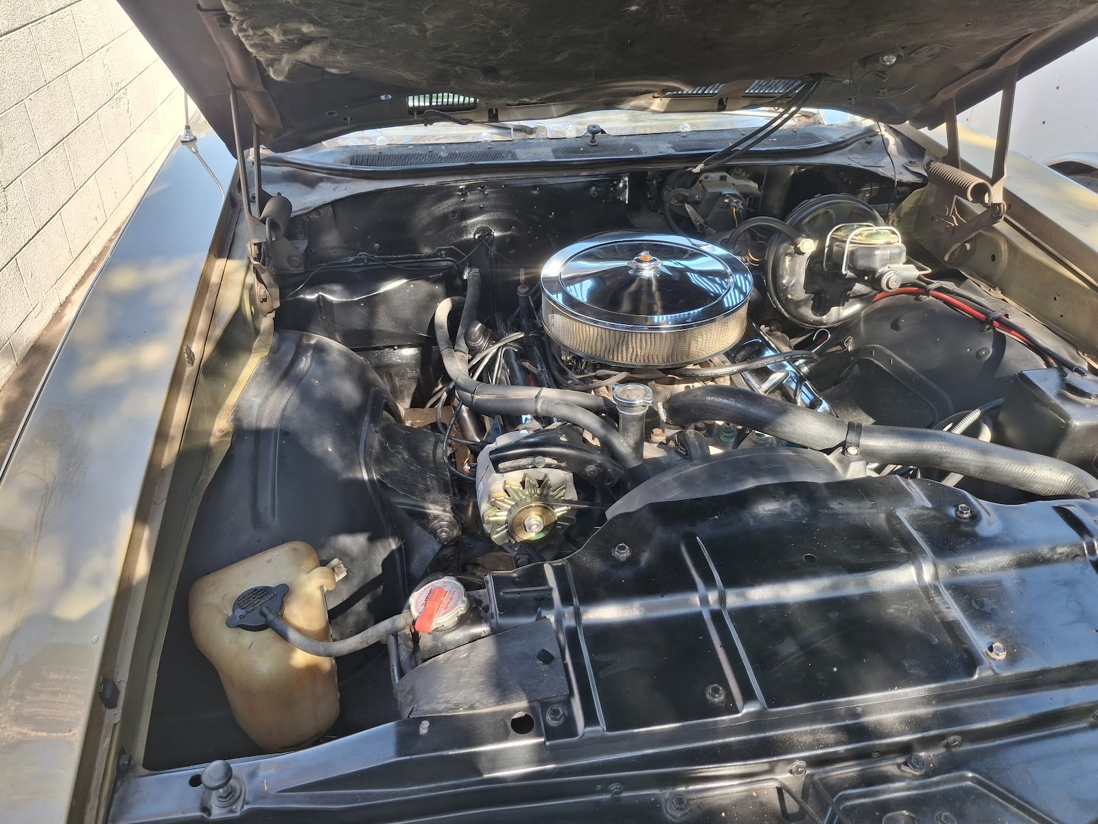 Clean classic V8 engine bay with chrome air cleaner