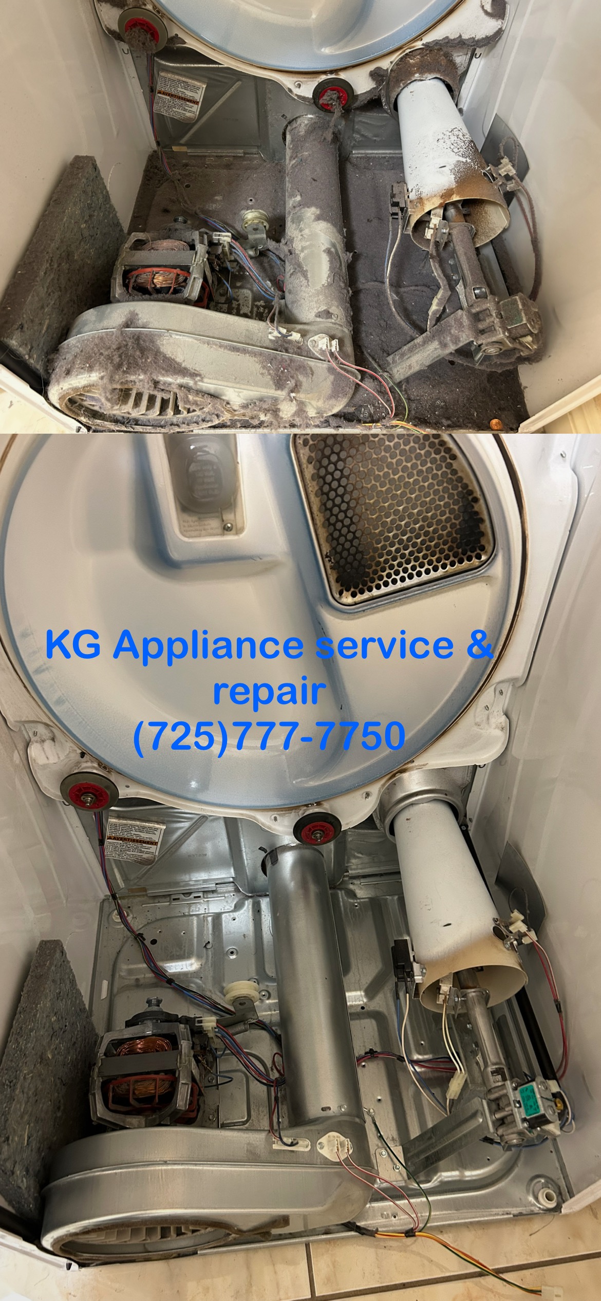 Before-and-after collage of dryer interior showing lint buildup cleaned out