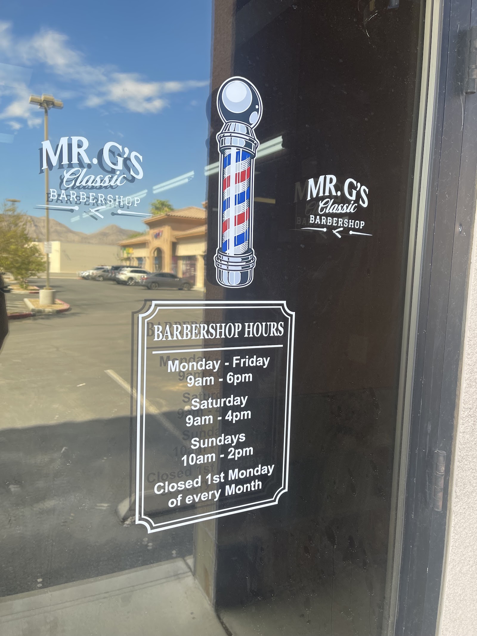 Mr. G's Classic Barbershop window decal with barber pole and posted hours