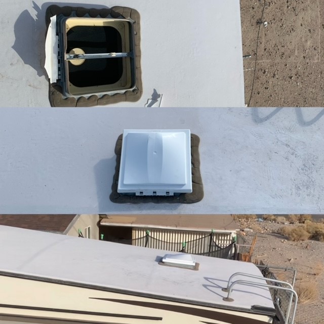 RV roof vent replacement shown before, during, and after installation