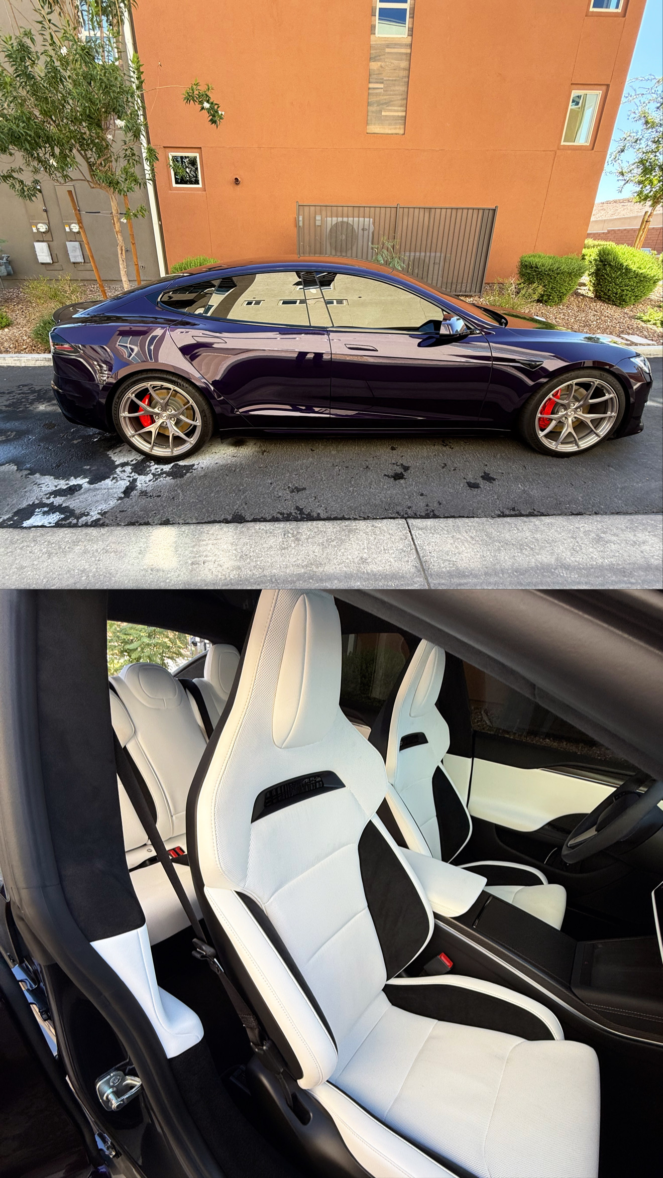 Purple Tesla Model S exterior and white leather interior after detailing