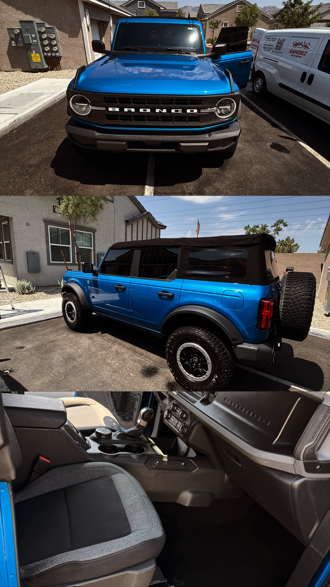 Blue Ford Bronco detailed inside and out, front, side, and interior console