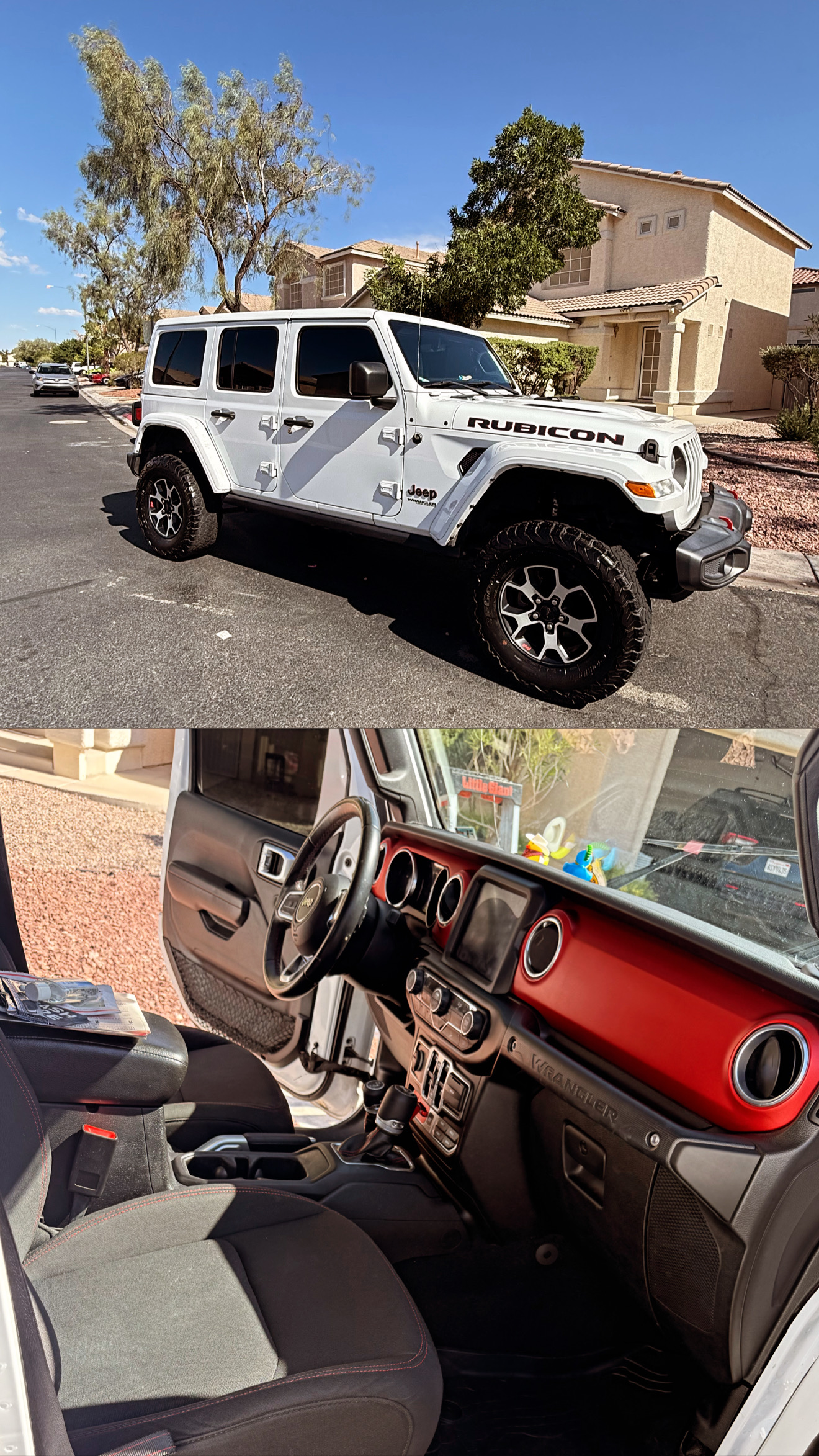 White Jeep Wrangler Rubicon exterior and red-accented interior after detailing