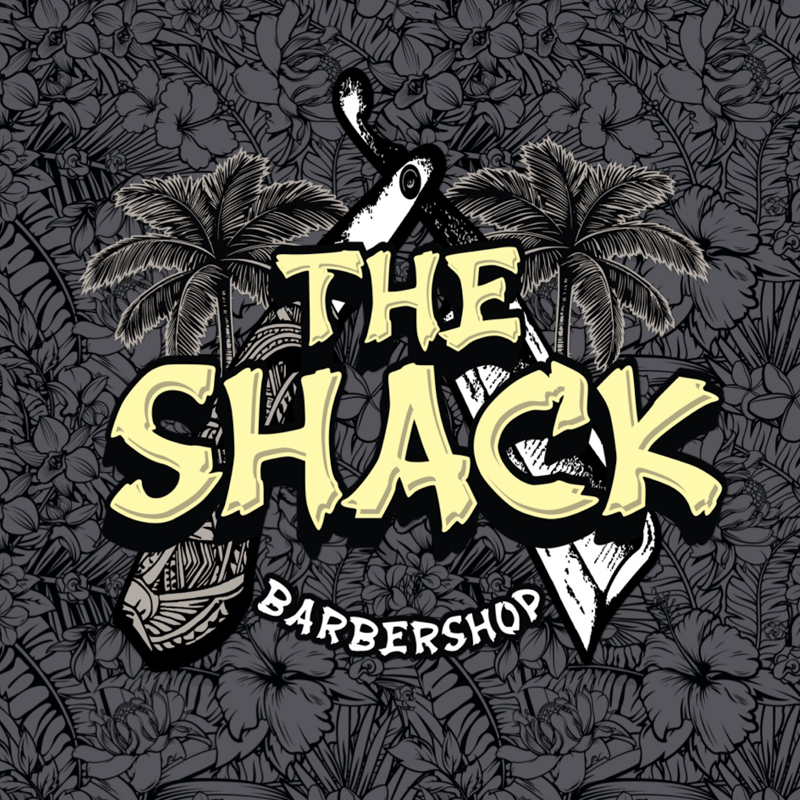 The Shack Barbershop logo with palm trees and straight razor